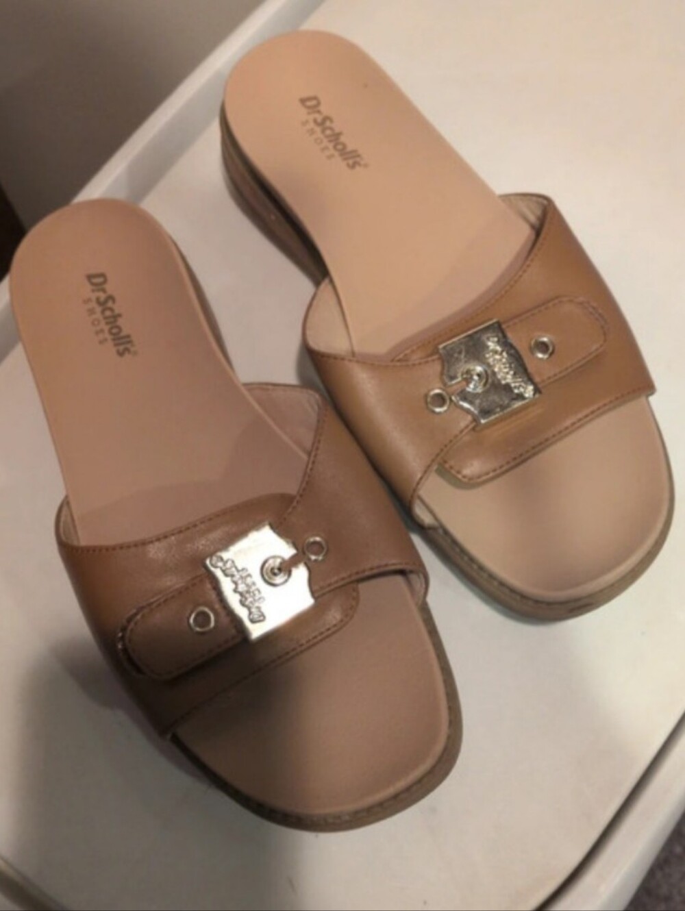 Dr. Scholl's Tan Slide Sandals with Decorative Buckle